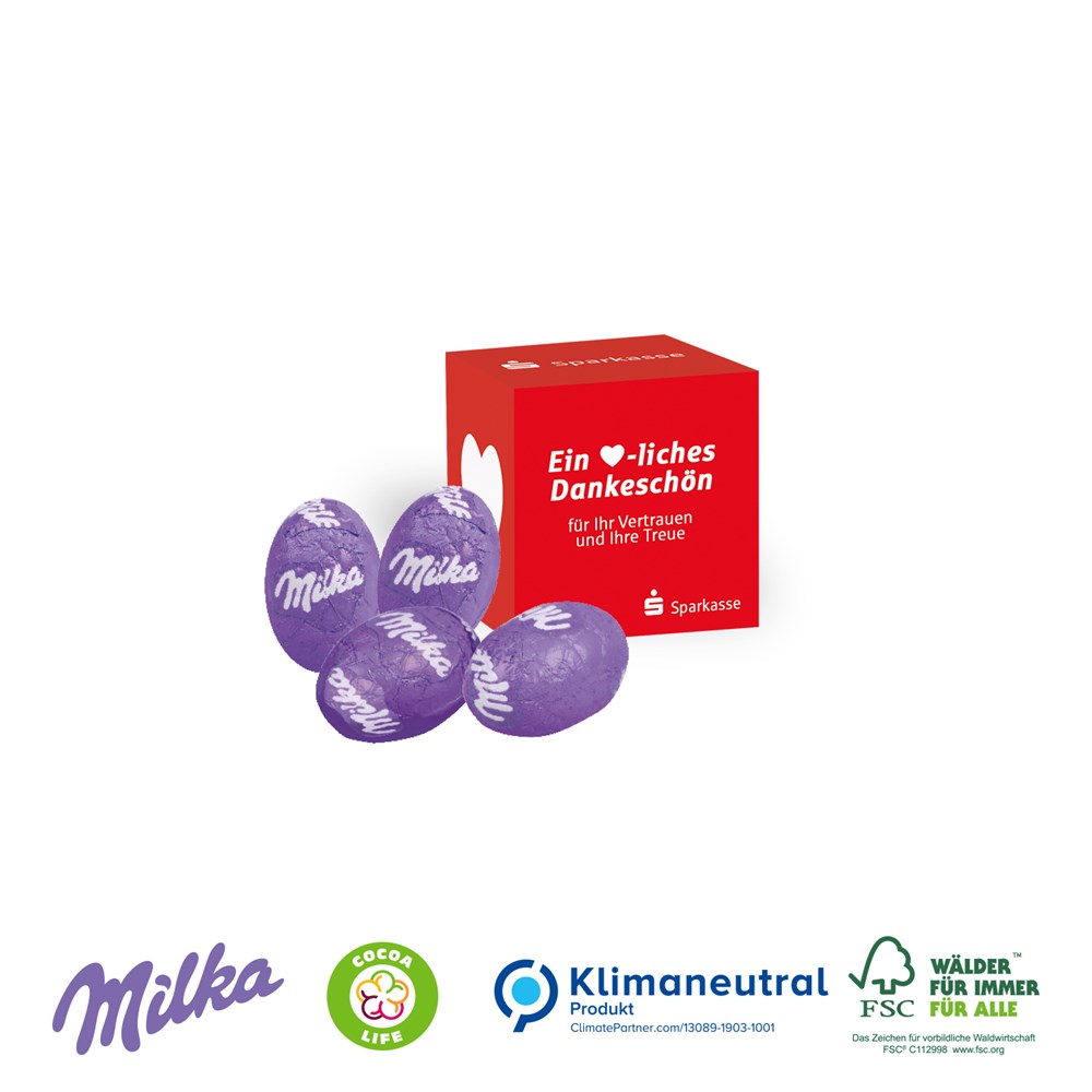Werbe-Würfel mit Milka Alpenmilch Eier, Klimaneutral, FSC®, 4C