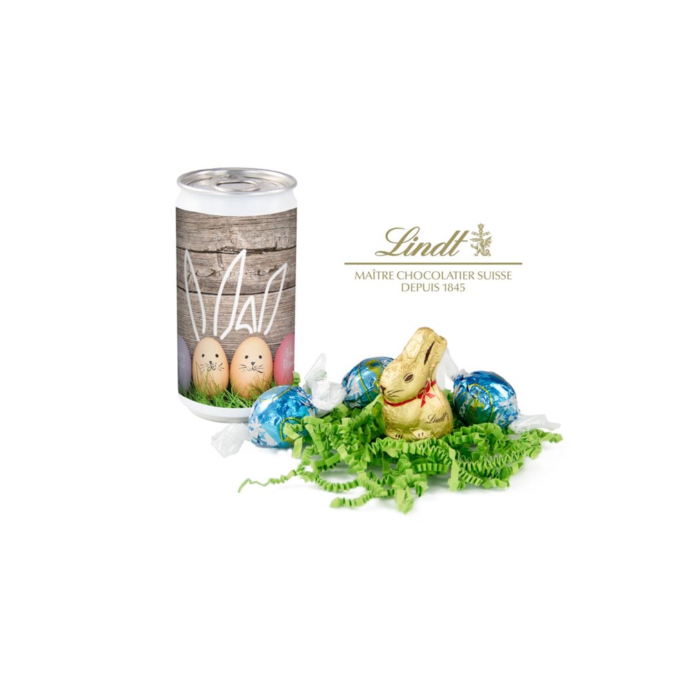 Lindt-Oster-Überraschung, Das Nest in der Dose - Etikett Frohe Ostern - EierHasen